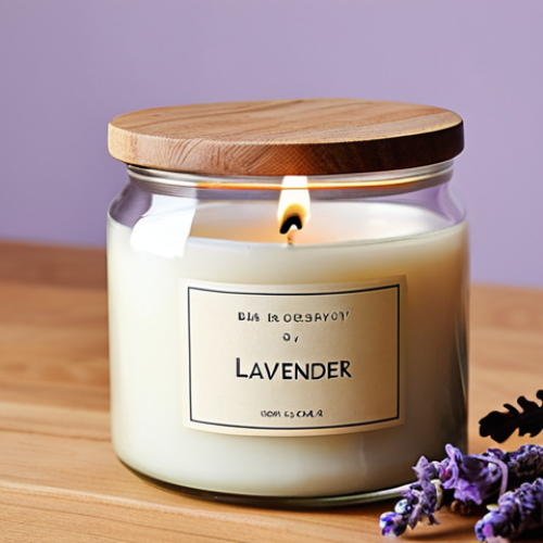Home 4 **
A close-up shot of a beautifully crafted soy wax candle in a clear glass jar, adorned with dried lavender and a wooden wick. The candle is lit, casting a warm, inviting glow. Focus on the natural texture of the soy wax and the delicate details of the lavender.
**