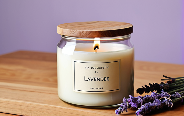**
A close-up shot of a beautifully crafted soy wax candle in a clear glass jar, adorned with dried lavender and a wooden wick. The candle is lit, casting a warm, inviting glow. Focus on the natural texture of the soy wax and the delicate details of the lavender.
**